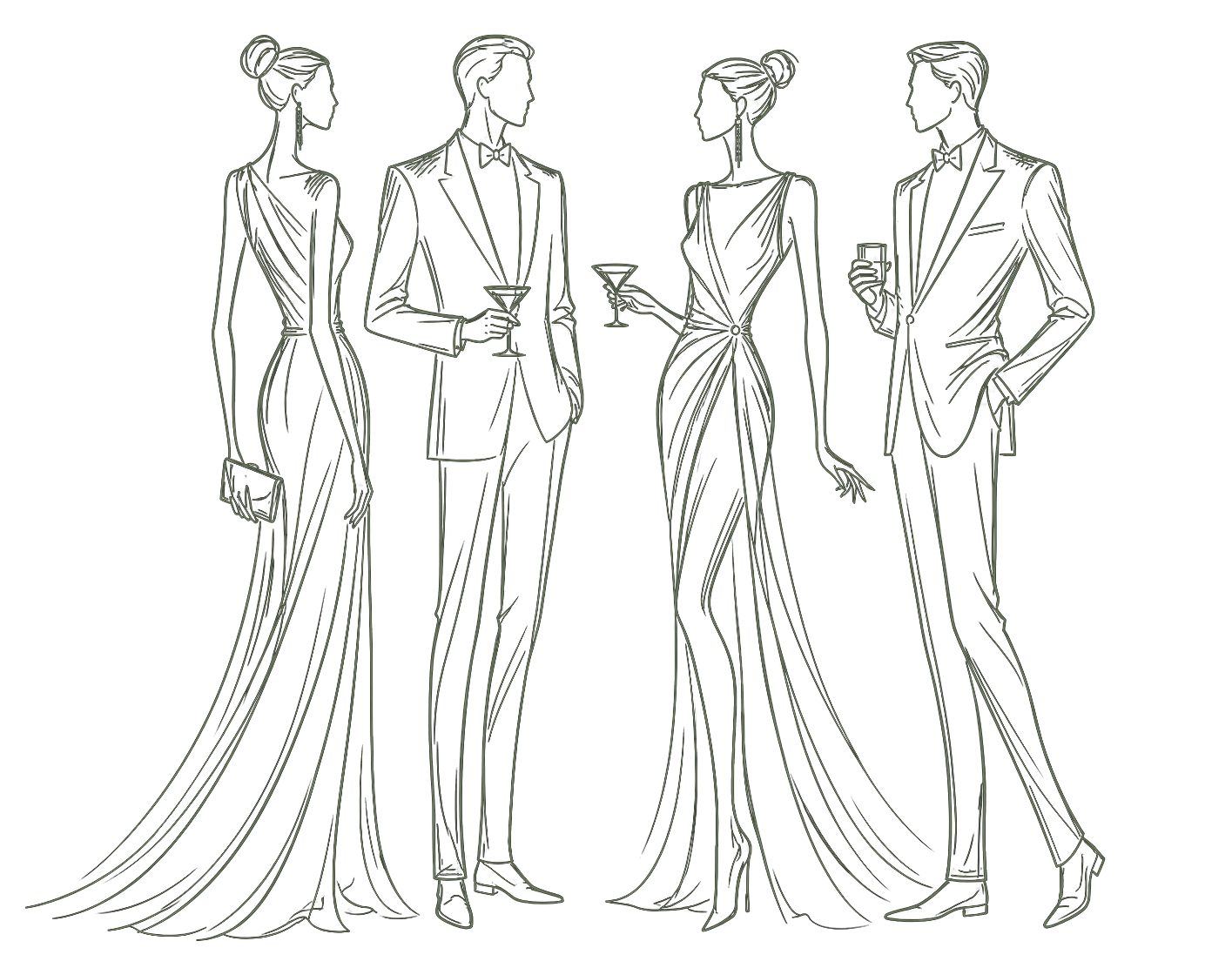 Hand-sketched quartet of members mingling in evening dress