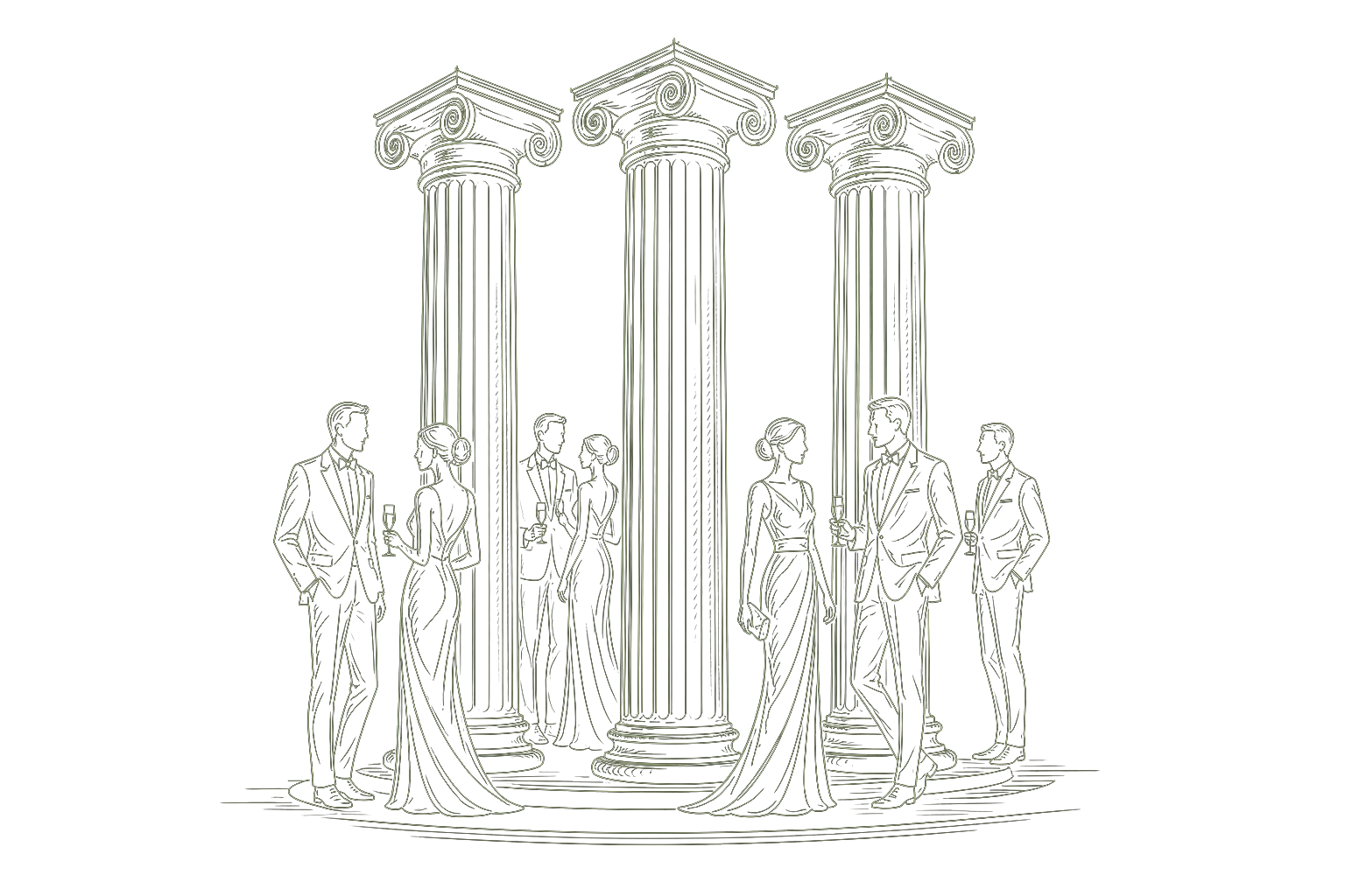 Hand-sketched trio of columns with members in evening dress